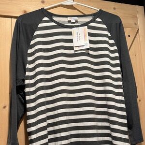 Lularoe Randy Striped Dark Grey and White Raglan Tshirt
